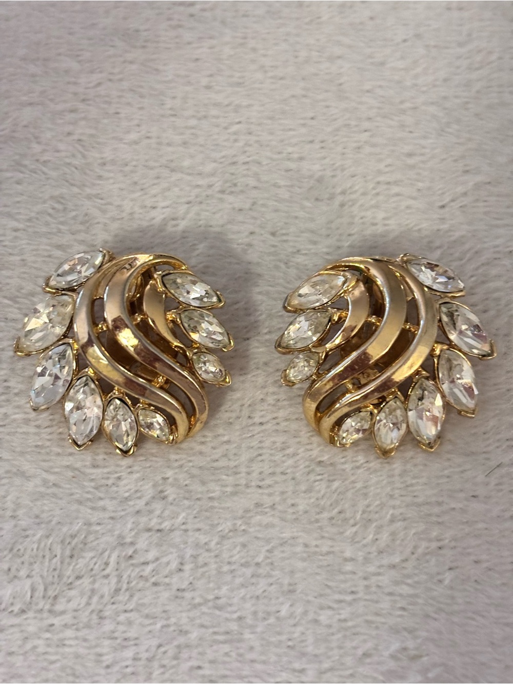 Trifari Gold and Clear Crystal Swirl Clip-On Earrings
